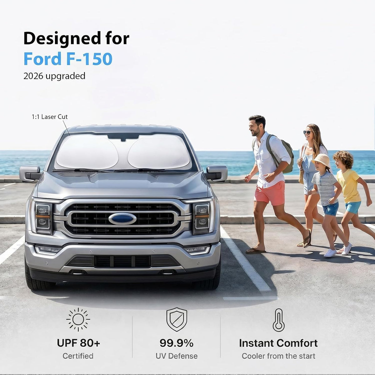 2026 Upgraded Windshield Sun Shade for Ford F-150 [Precision Custom Fit, Superior UV & Heat Block] Cooling Tech Fabric, Durable Foldable with Storage Bag, Fits 2000-2026