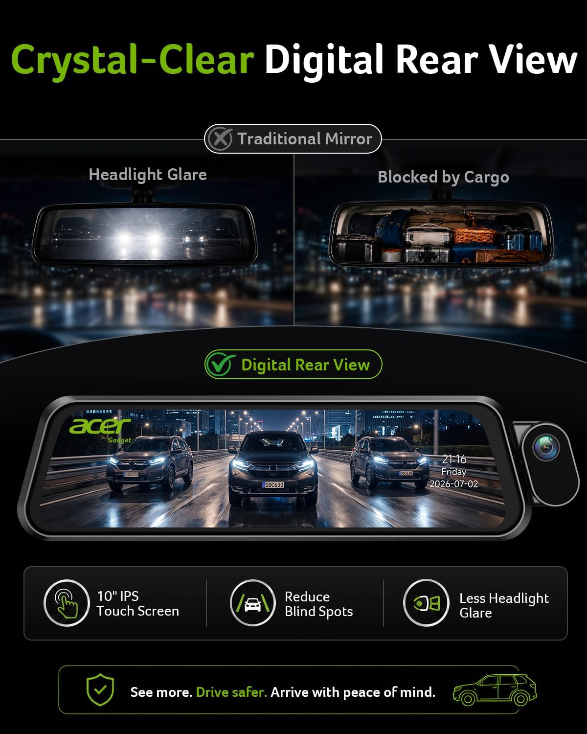 Acer Gadget 3 Channel 4K Rear View Mirror Camera, Mirror Dash Cam for Cars