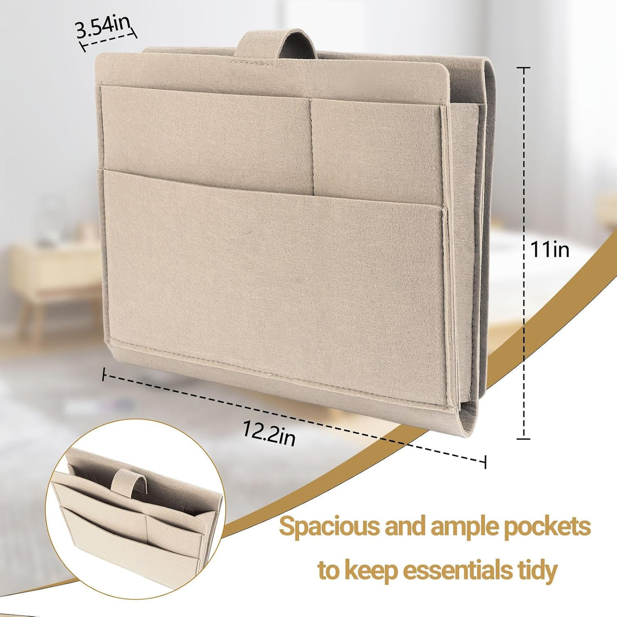 Seefoo Bedside Caddy, Large Bed Caddy Organizer with Cord Slit, Beige