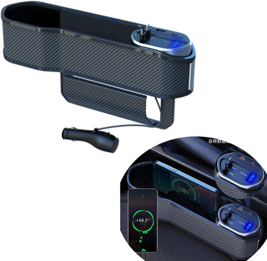 Car Seat Gap Filler Organizer with Wireless Charger,2 USB Ports and 2 Retractable Charging Cable of Type C, iOS, Multifunctional Storage Box with Cup Holder Cigarette Lighter Quick Charge