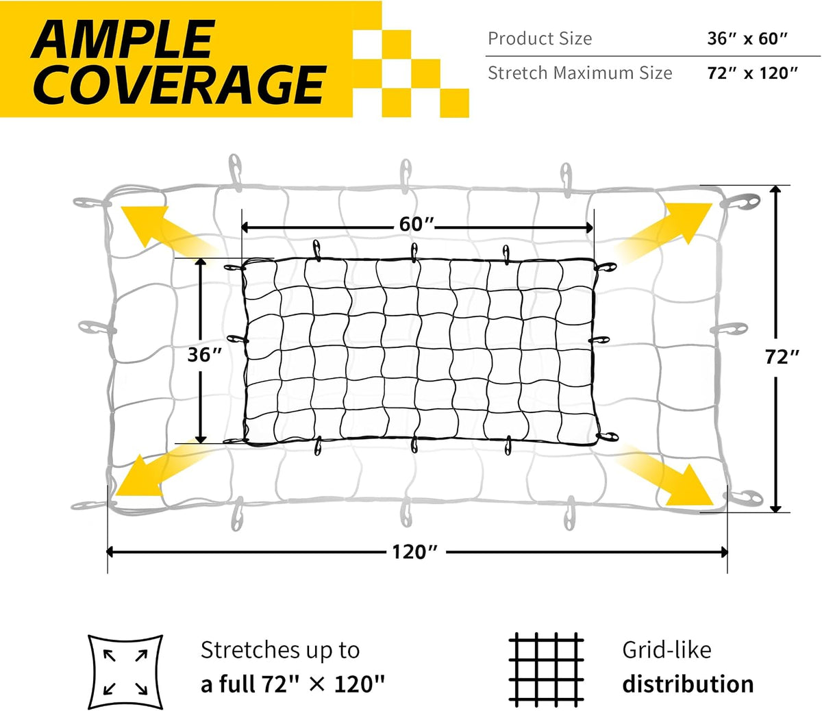 MaxxHaul Heavy-Duty Cargo Net – 3' x 5' Stretches to 6' x 10' – Wide 6" Mesh with 12 PP Hooks – Truck Bed, Trailer & Roof Rack Cargo Accessory