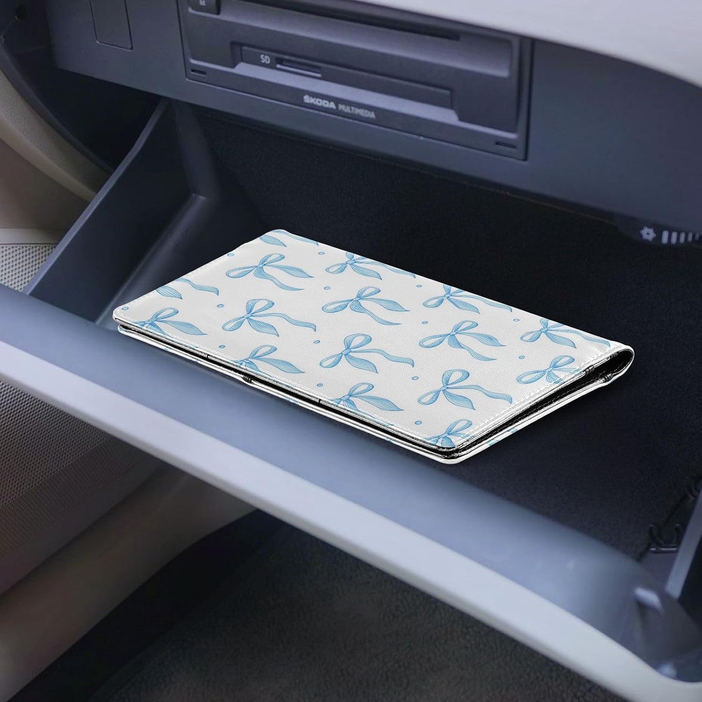 Blue Ribbon Bow Car Registration and Insurance Holder Glove Box Organizer Leather Vehicle Essential Document Card Wallet Accessories Case
