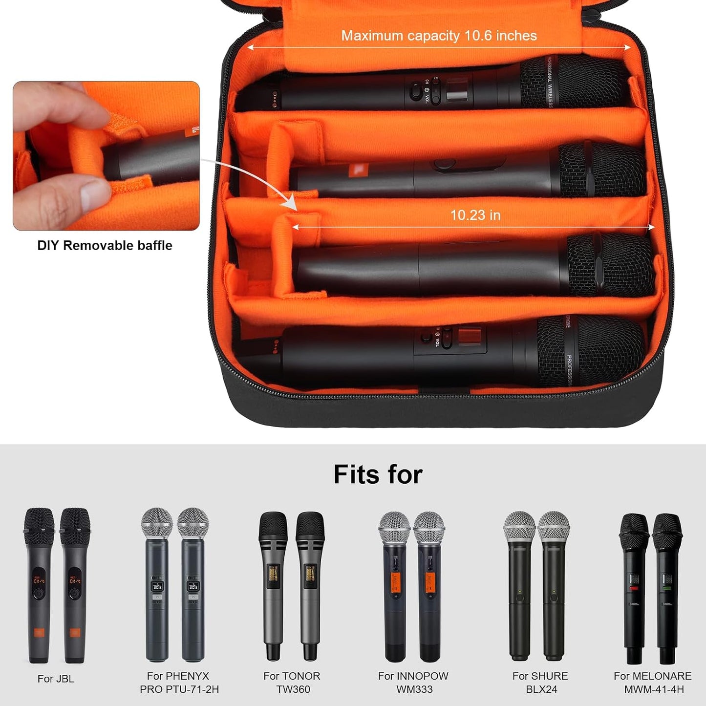 4-Slot Wireless Microphone Case, Storage Bag Compatible with JBL Partybox/Shure/TONOR Handheld Microphone System, Double Layer Wireless Mic Organizer for Receiver & Cables