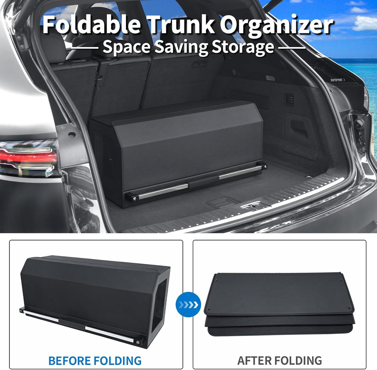 Trunk Organizer with Magnetic Lid, Leather Car Trunk Storage Organizer