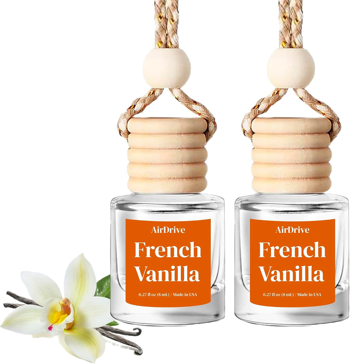 Leather Car Air Freshener, 2 Pack Hanging Oil Diffuser With Wooden Cap, Gift For Men & Women, Non-Toxic Rearview Mirror Car Accessory, Made in USA, Odor Eliminator For Car