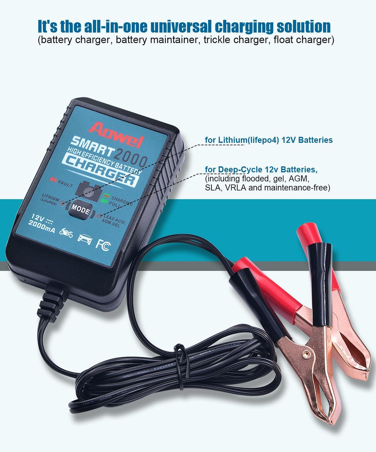 Aowel 2A 12V Smart Battery Charger, Trickle Charger & Maintainer for Car, Motorcycle, ATVs and More