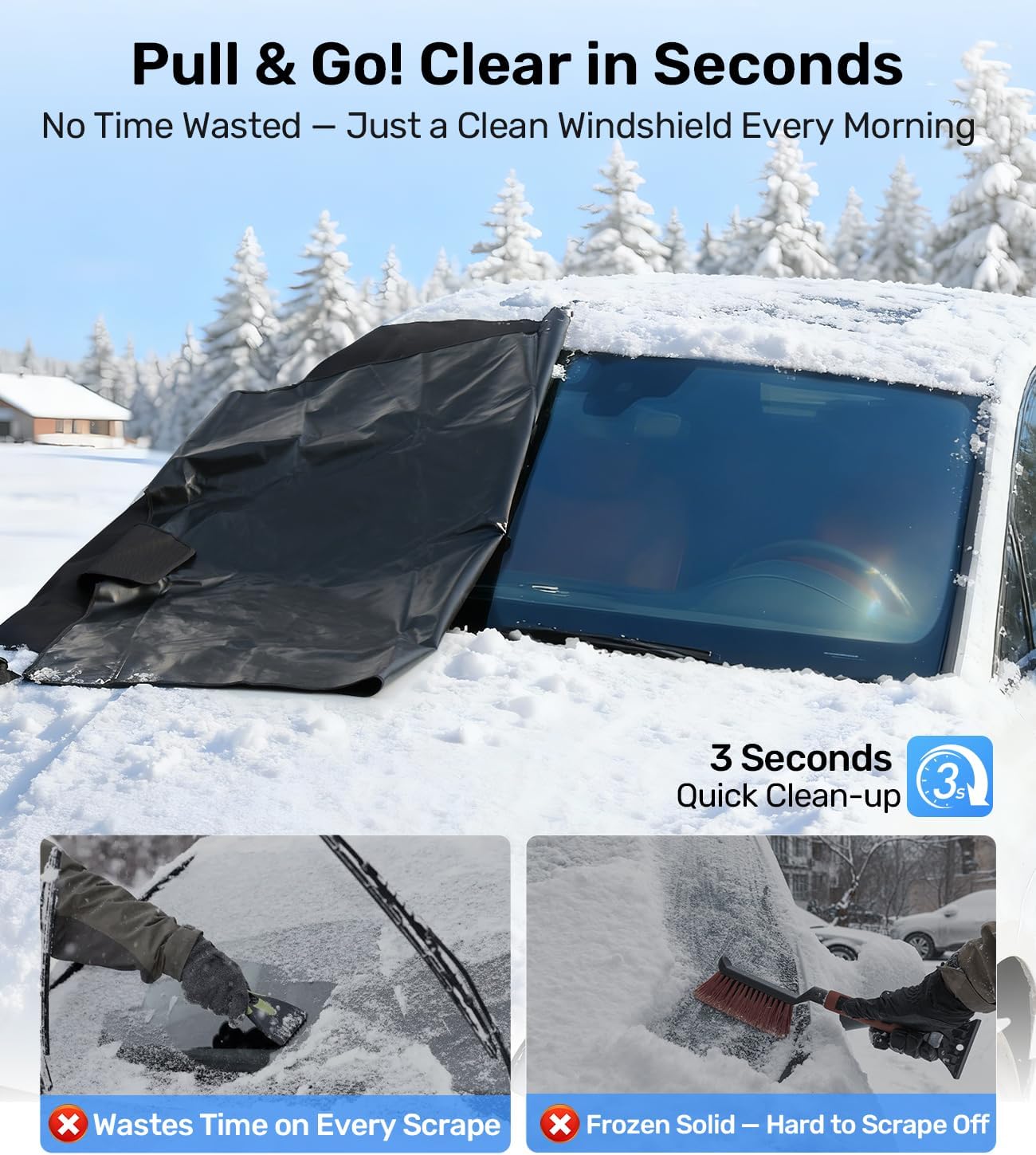 Zanch Upgrade Windshield Cover for Ice & Snow [Fast Install & Removal] 600D Oxford Fabric Against Magnetic Fit Snow, Ice, Frost, Winter Accessories - Fit for Sedan,Small to Mid-Size SUVs - (69''x48'')