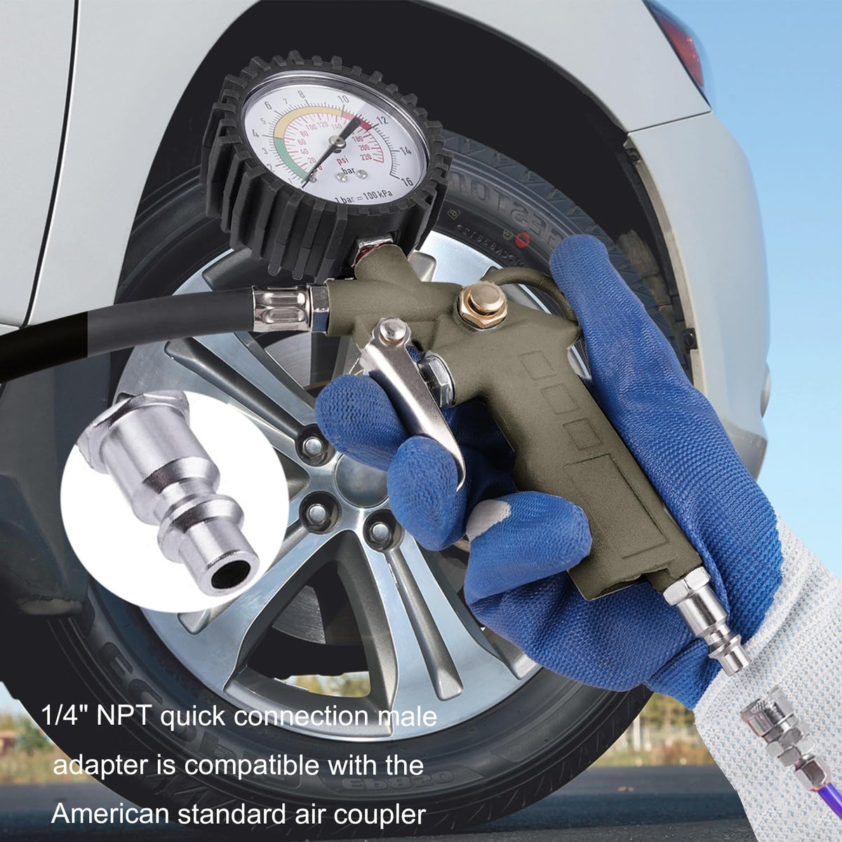 Tire Inflator with Pressure Gauge, 0-220PSI Dial Wheel Air Tire Pressure Gauge, Heavy Duty Rubber Hose with Quick Coupler, Air Compressor Tire Inflator Attachment for Cars Motorcycle Bike