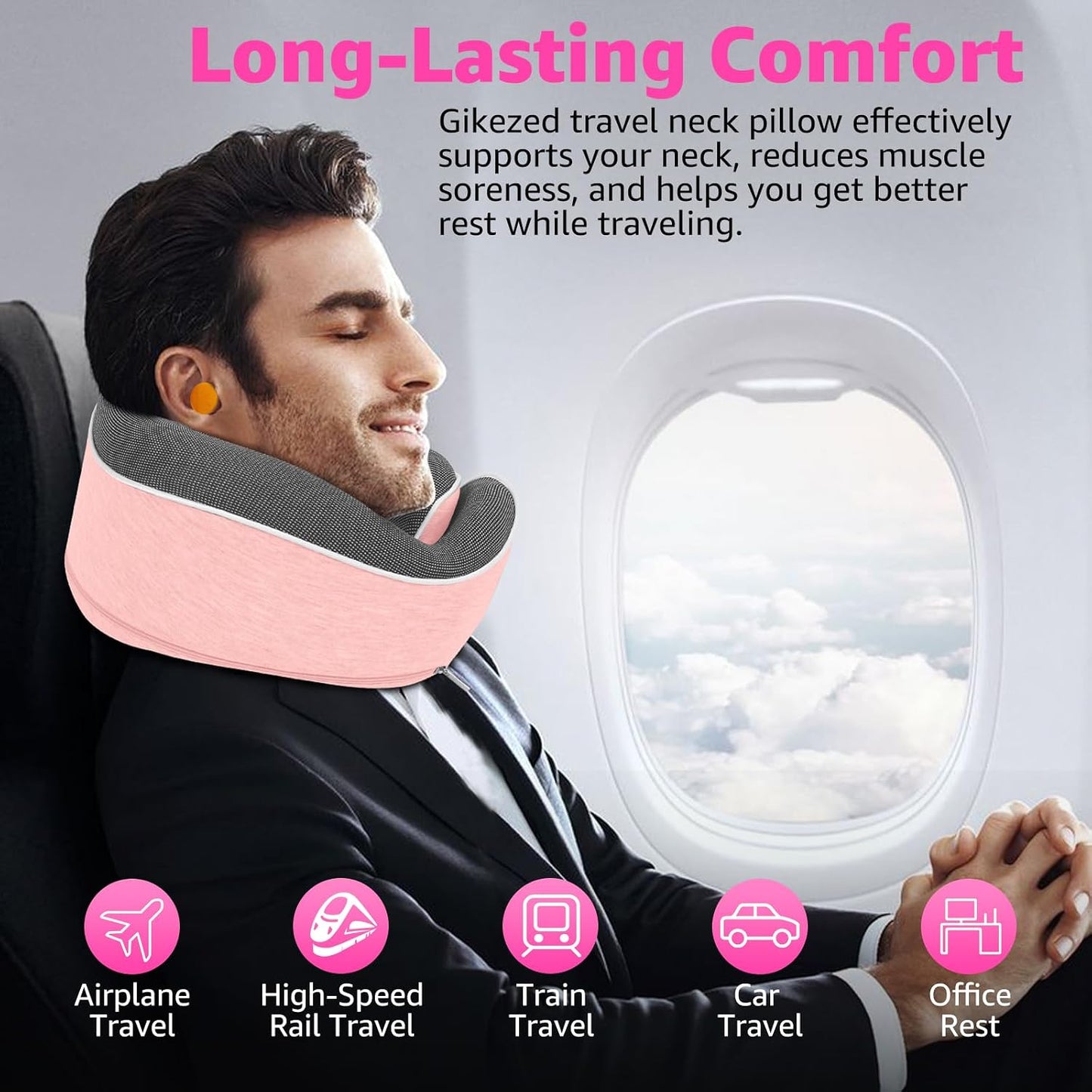 Travel Pillows for Airplanes Ergonomic Memory Foam Neck Pillow for Travel - 360° Head & Neck Support for Sleeping on Flights, Cars, Trains & Office (Pink-2)