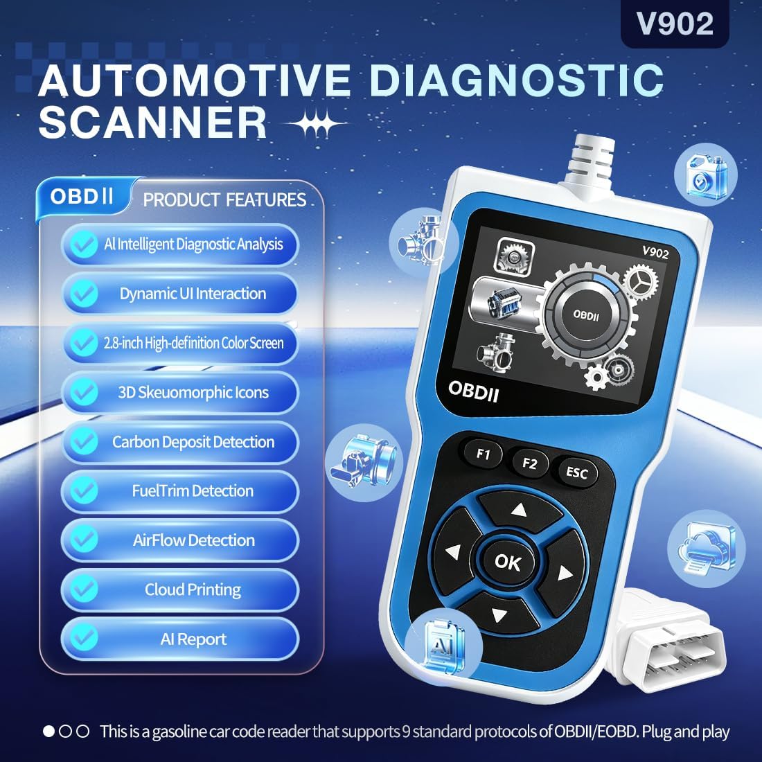 V902 OBD2 Scanner with AI Diagnostic Report, Car Code Reader, 2.8" HD Color Screen, 10 Full Diagnostic Modes, Read/Clear Fault Codes, Compatible with All 1996+ Cars, Trucks, SUVs, RVs