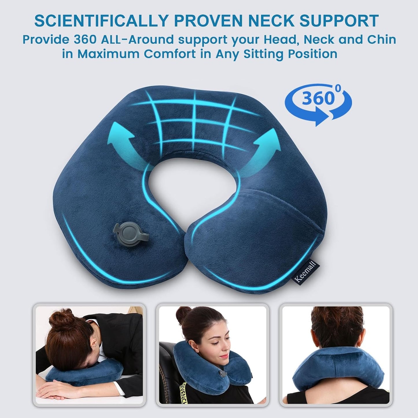 Keemall Travel Neck Pillow for Airplane, Compact Inflatable Neck Pillow for Traveling Long Flights, Adjust Firmness Neck Suport Pillow for Sleeping Plane Head Rest for Travel Accessories,Deep Blue