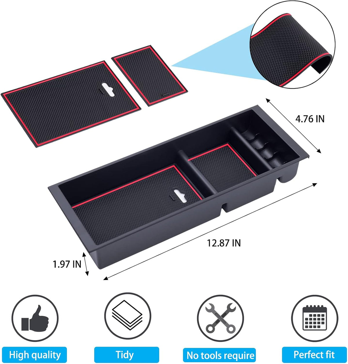 PIMCAR Center Console Organizer Tray for Ford F150 (2015-2020), Super Duty F250/F350/F450 (2017-2022), Expedition (2018-2024),ABS Plastic Single-Piece Design, Fits Factory Tray-Red Trim