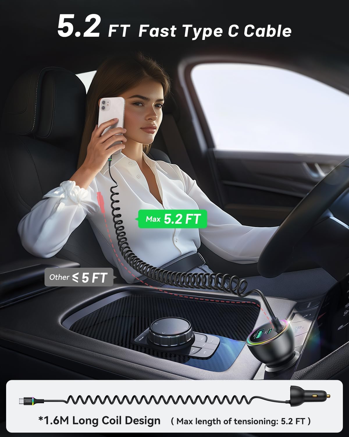 Rocoren 70W USB C Fast Car Charger Cigarette Lighter Adapter with 5.2Ft