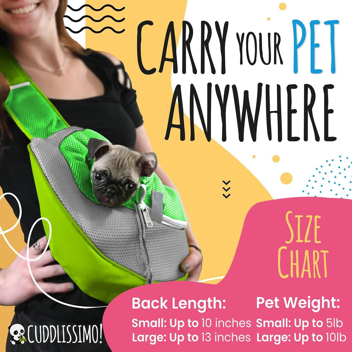 Cuddlissimo Small Dog Sling Carrier, Pet Cat Sling, Puppy Pouch - Green-L