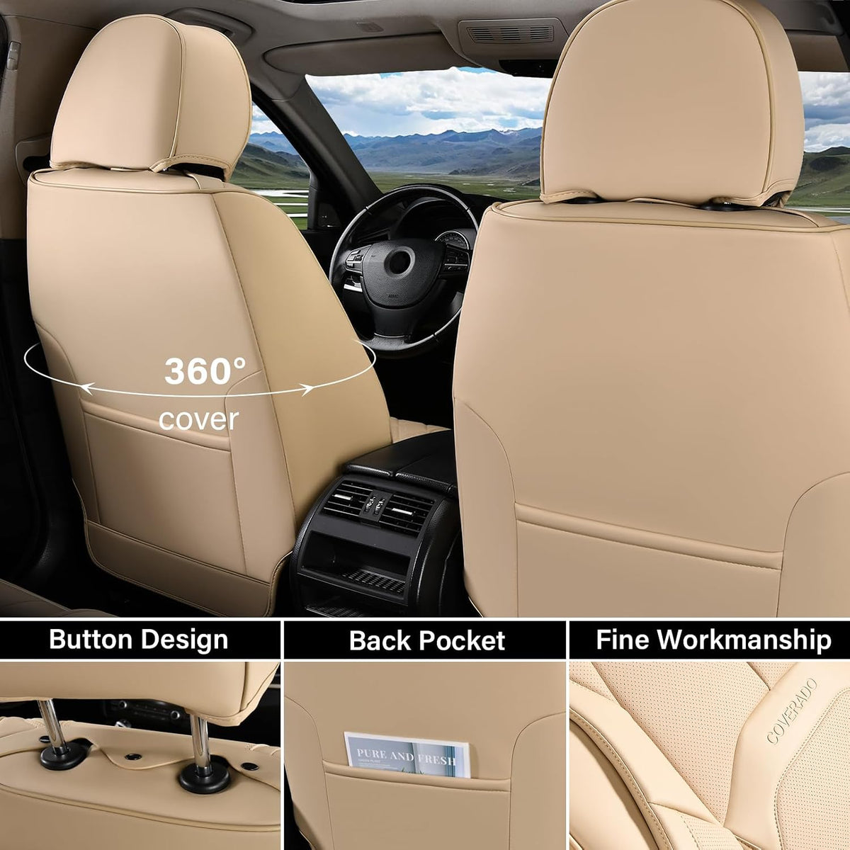Coverado Seat Covers, Leather Seat Covers Front Seat, Luxury Car Seat Covers with Lumbar Support, Front Driver Seat Covers, Car Seat Protector Waterproof Universal Fit Most Cars(Beige)
