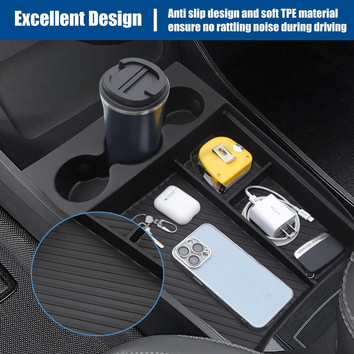 Lower Center Console Organizer for 2022-2026 Rivian R1T & R1S Accessories, Floor Console Storage Tray Insert with Cup Holder