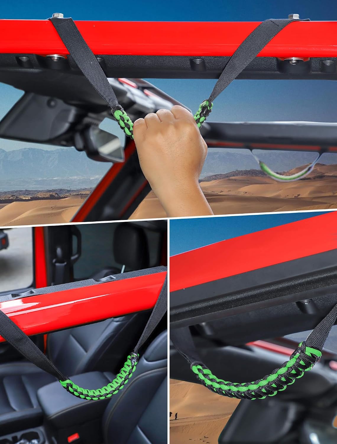 Savadicar 2 Pack Roll Bar Grab Handles for 2018-2024 Jeep Wrangler JL JLU 4XE & Gladiator JT, Roof Top Paracord Handle for Secure Grip, Essential Interior Accessories, Green