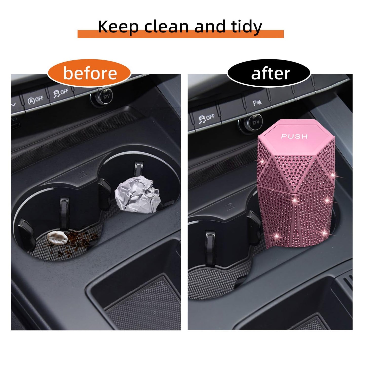 NBTEPEM Bling Car Trash Can with Lid, Bling Car Accessories Trash Bin, Leakproof Auto Garbage Can with 30 Trash Bags, Multipurpose Organizers and Storage for Home, Office (Pink Diamond)