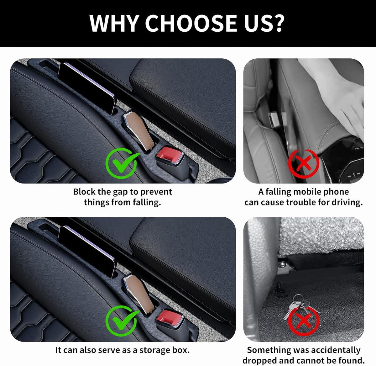 2PCS Car Seat Gap Filler Organizer,Multifunctional Car Gap Filler Organizer Storages Function,Universal Console Catcher Between Seats Cars Interior Accessories (Balck)