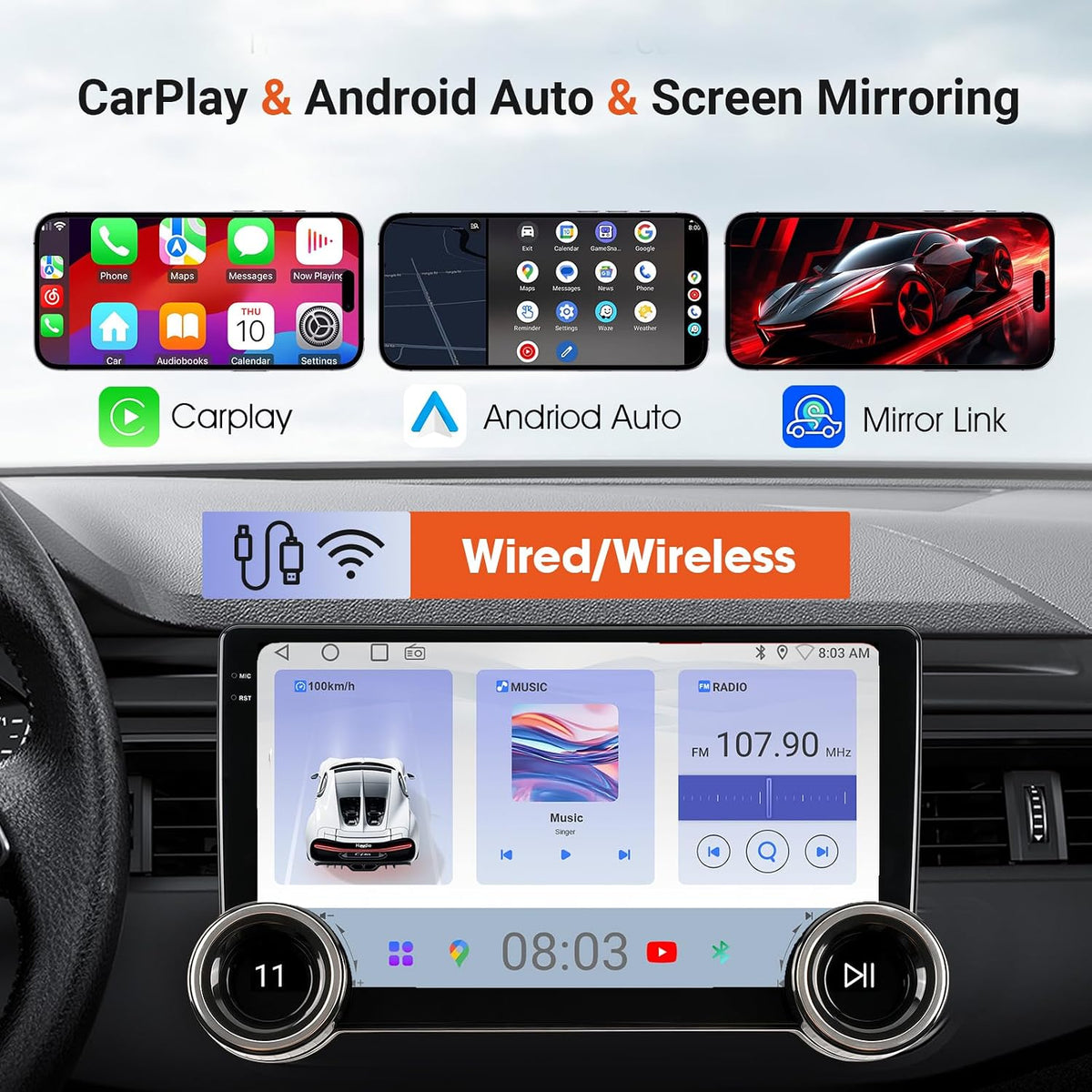 HauDio 10.1" Wireless CarPlay & Android Auto Car Stereo - 2GB RAM 64GB ROM, DSP Sound, 1080P Backup Camera, Bluetooth 5.0, HD Touchscreen Media Receiver