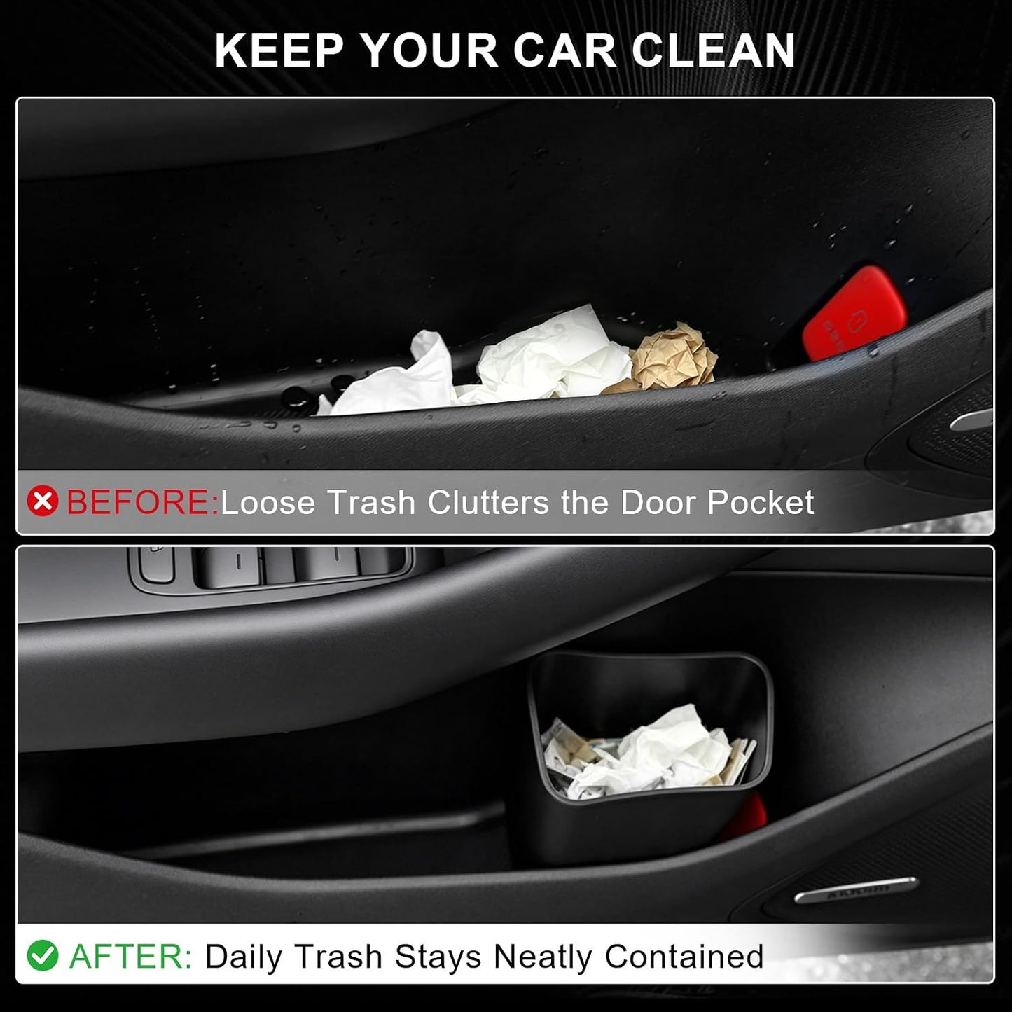 CARFIB 2 Pack Mini Car Trash Can, Car Door Trash Can for Wide Door Pockets, Open-Top Trash Bin, Waterproof TPE Organizer, Black