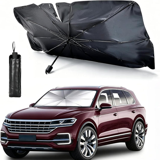 Windshield Sun Shade Umbrella, Foldable Car Sunshade, Ice Crystal Cooling Coating Car Sunshade & Heat Shield, UPF 50+ UV Protection, Spring-Enhanced Frame for Most Sedans SUVs (55"x31")
