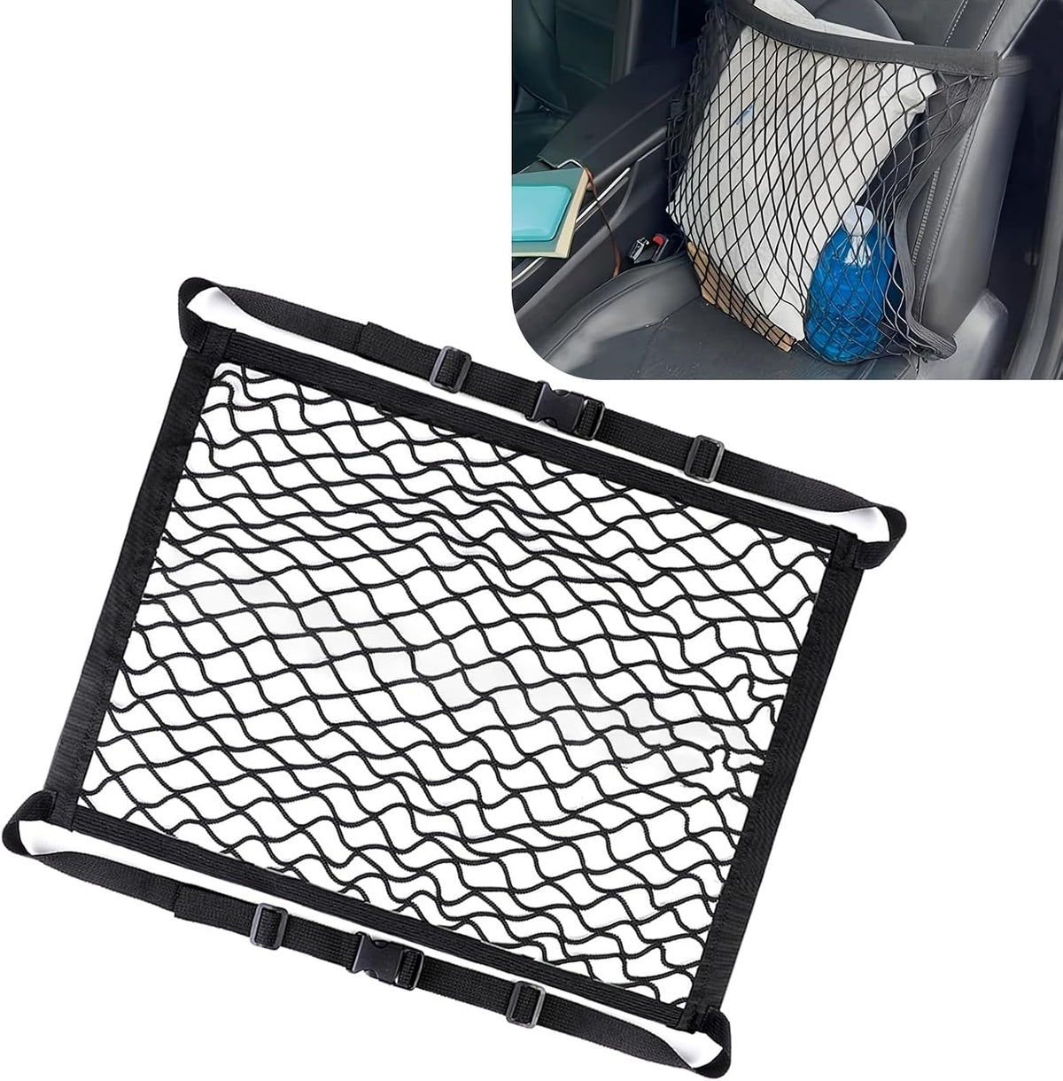 Car Seat Net Passenger Seat Organizer Net, 21.65" x 21.65" High Elastic Front Seat Organizer, Versatile Purse Holder for Car with Adjustable Buckle, Universal for Most Cars (Black)