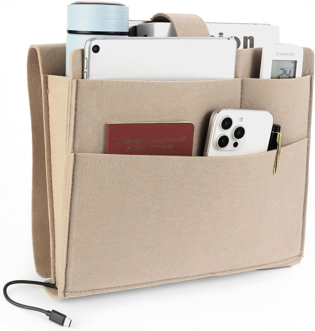 Seefoo Bedside Caddy, Large Bed Caddy Organizer with Cord Slit, Beige