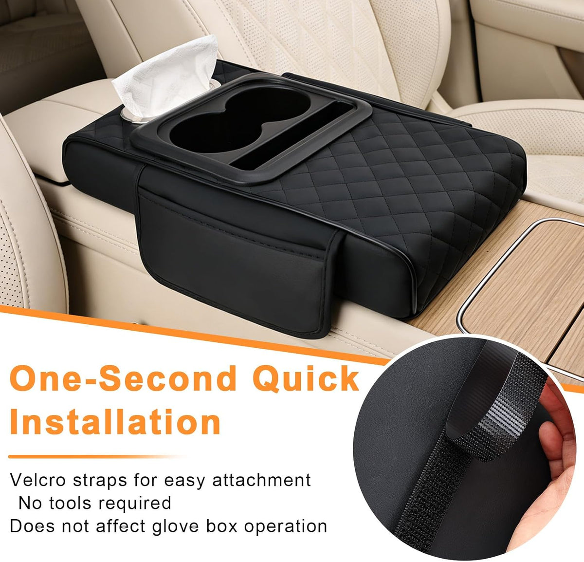 Car Armrest Cushion,Multifunctional Leather Console Cover with Cup Holders,Center Console Armrest with Tissue Box Slot & Phone Storage,Car Interior Accessories,Black