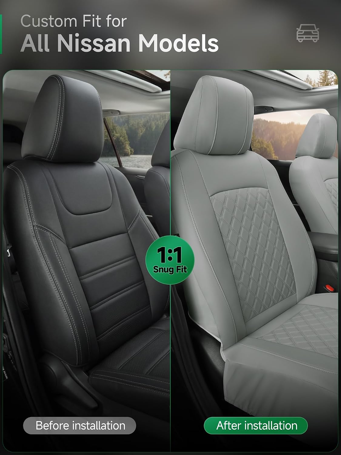 GIANT PANDA Front Seat Covers for Nissan Rogue Altima Sentra Versa Kicks Murano Pathfinder Maxima,Faux Leather Bucket Seat Cover Fit Nissan Seat Protectors (Gray Diamond) 2-Pack