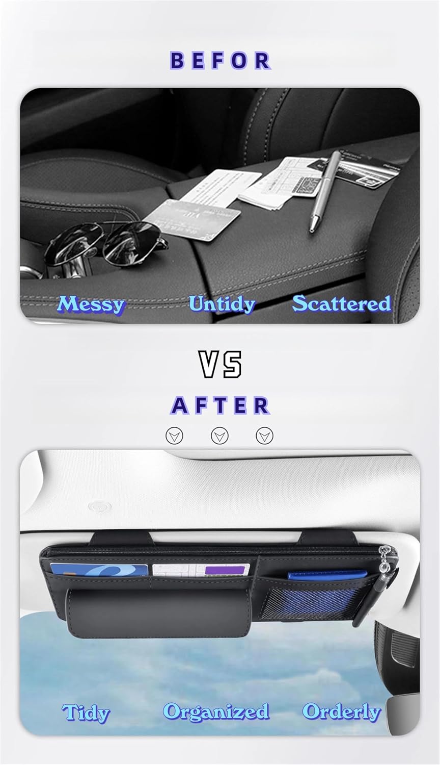 Car Visor Organizer, Multi-Pocket Sunvisor Storage with Sunglass Holder, Document Holder and Visor Card Clip, Fit for AUTO SUV & Truck, Leather Car Accessories Interior (Cream)