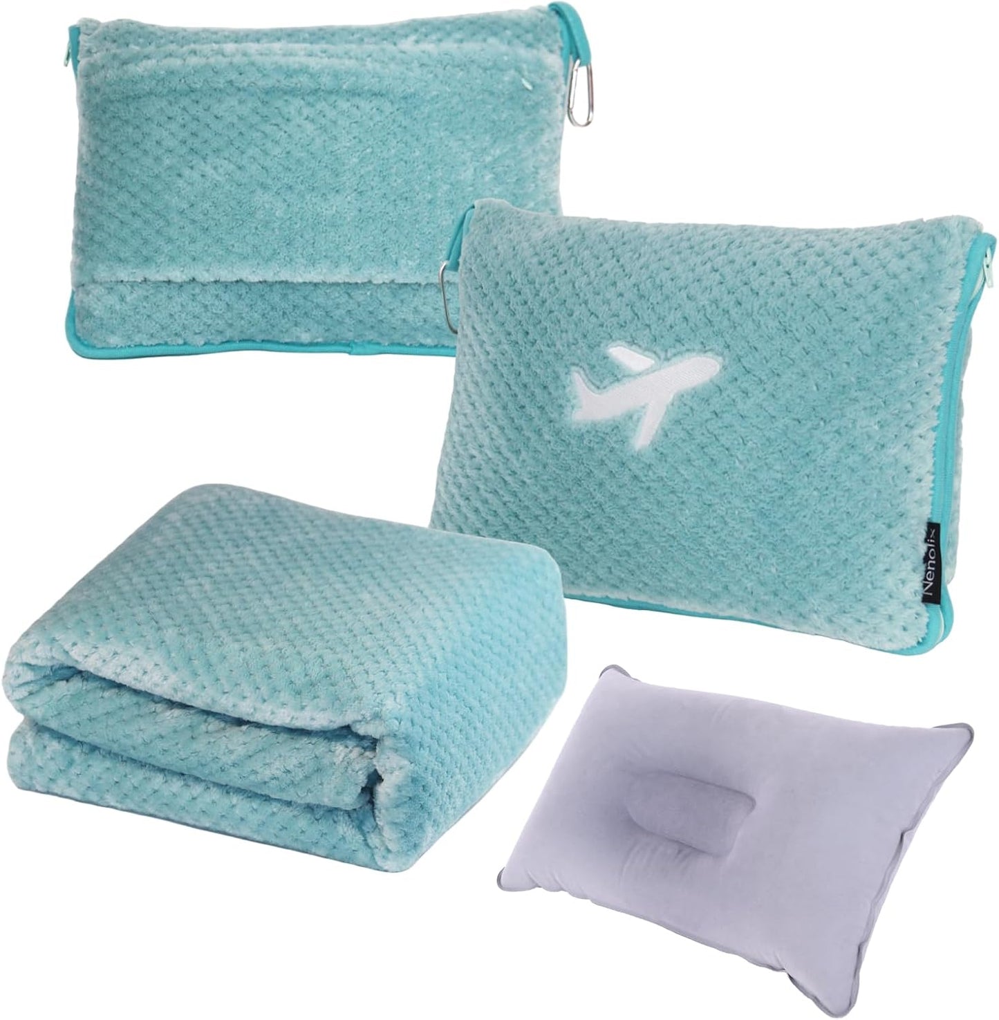 3 in 1 Travel Blanket Pillow Set - 350 GSM Thick Travel Blanket Airplane Compact with Bag, Soft Bag with a Pocket, Inflatable Travel Pillow for Camping & Car Trip (Light Coffee)