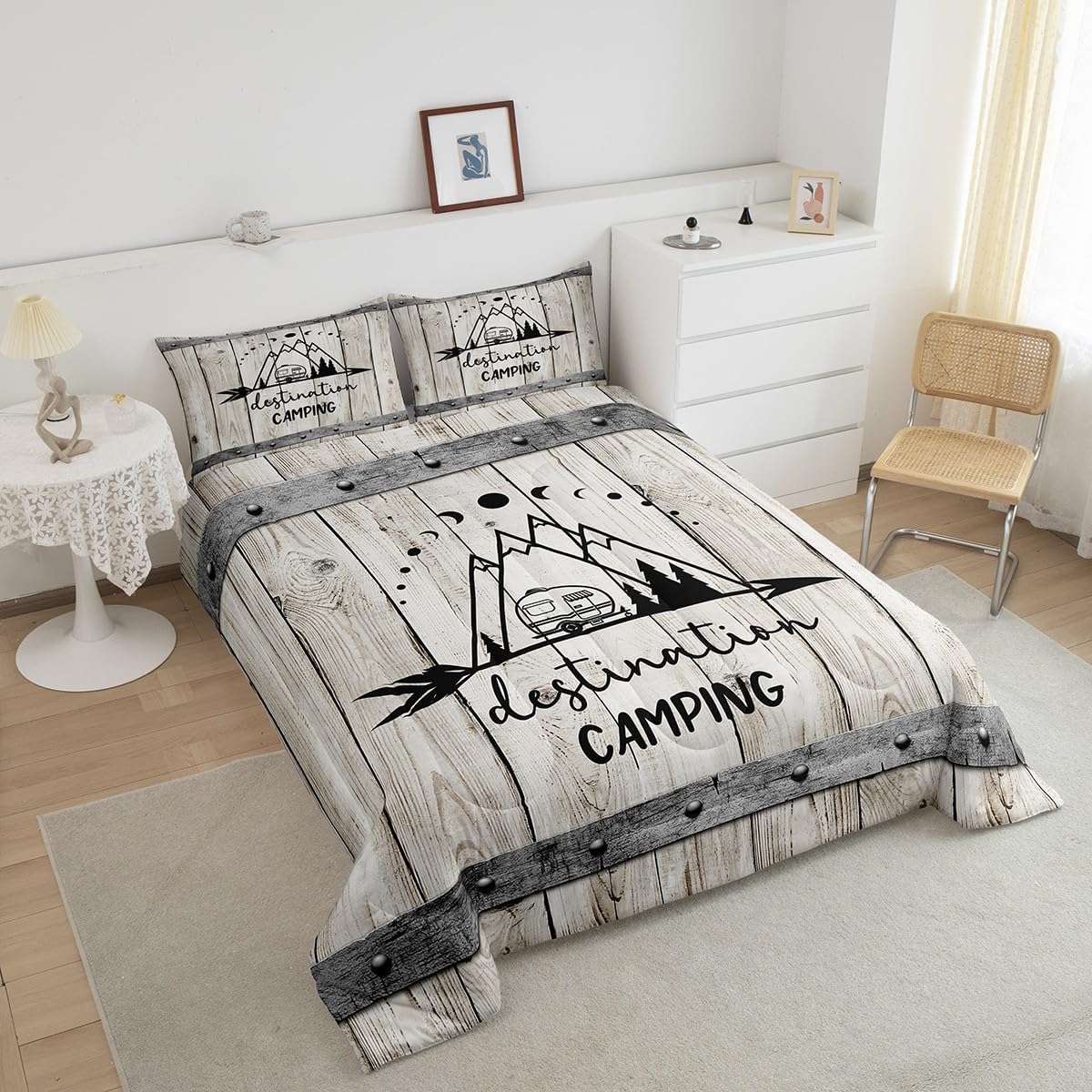 Happy Camping Car Comforter Set Twin Size,RV Camper Trailer Decor Bedding Set 2pcs for Kids Boys Girls Adults,Vintage Wooden Plank Cabin Down Comforter,Rustic Farmhouse Duvet Insert,1 Pillowcase