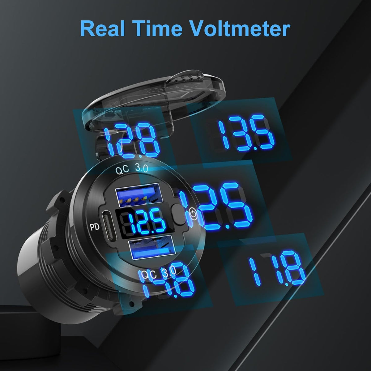 12V USB Outlet Boat Accessories Marine Switch Panel Plug, PD3.0 and Dual QC3.0 USB Ports Aluminum Car Charger with Voltmeter, Lighted 150W Cigarette Lighter Socket and Toggle Switch 3 in 1 DIY Kit