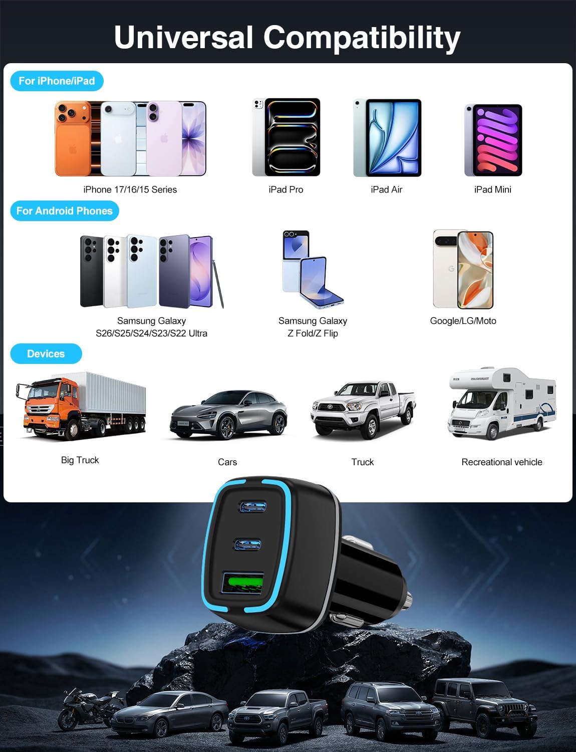 75W USB C Car Charger, 3-Port Super Fast Charging Cigarette Lighte