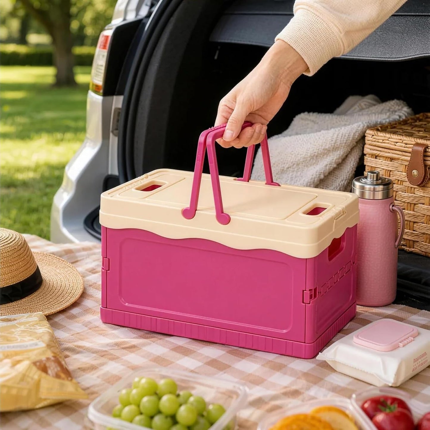 Pink Storage Bins with Lids, Foldable Storage Basket, Collapsible Plastic Organizer Bin with Handle, Portable Stackable Container for Home, Kitchen, Bedroom, Office, Car, Picnic