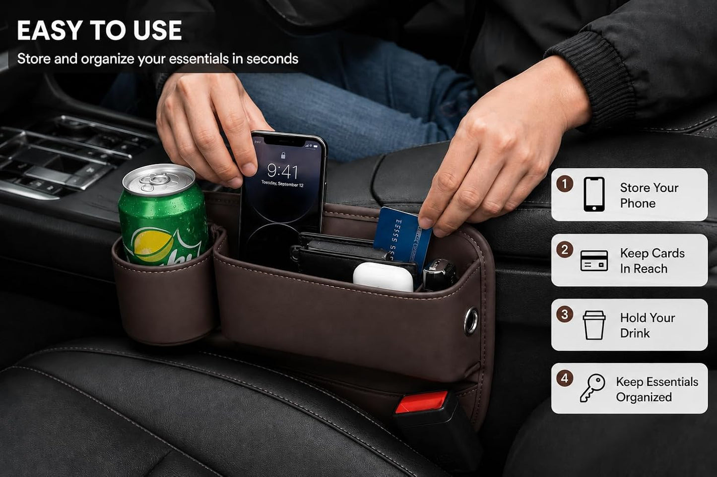 Car Seat Gap Filler Organizer with Cup Holder, Premium Leather Seat Gap Filler, Anti-Drop Car Seat Gap Organizer for Phone, Keys & Wallet, Universal Front Seat Console Organizer for Car, SUV & Truck