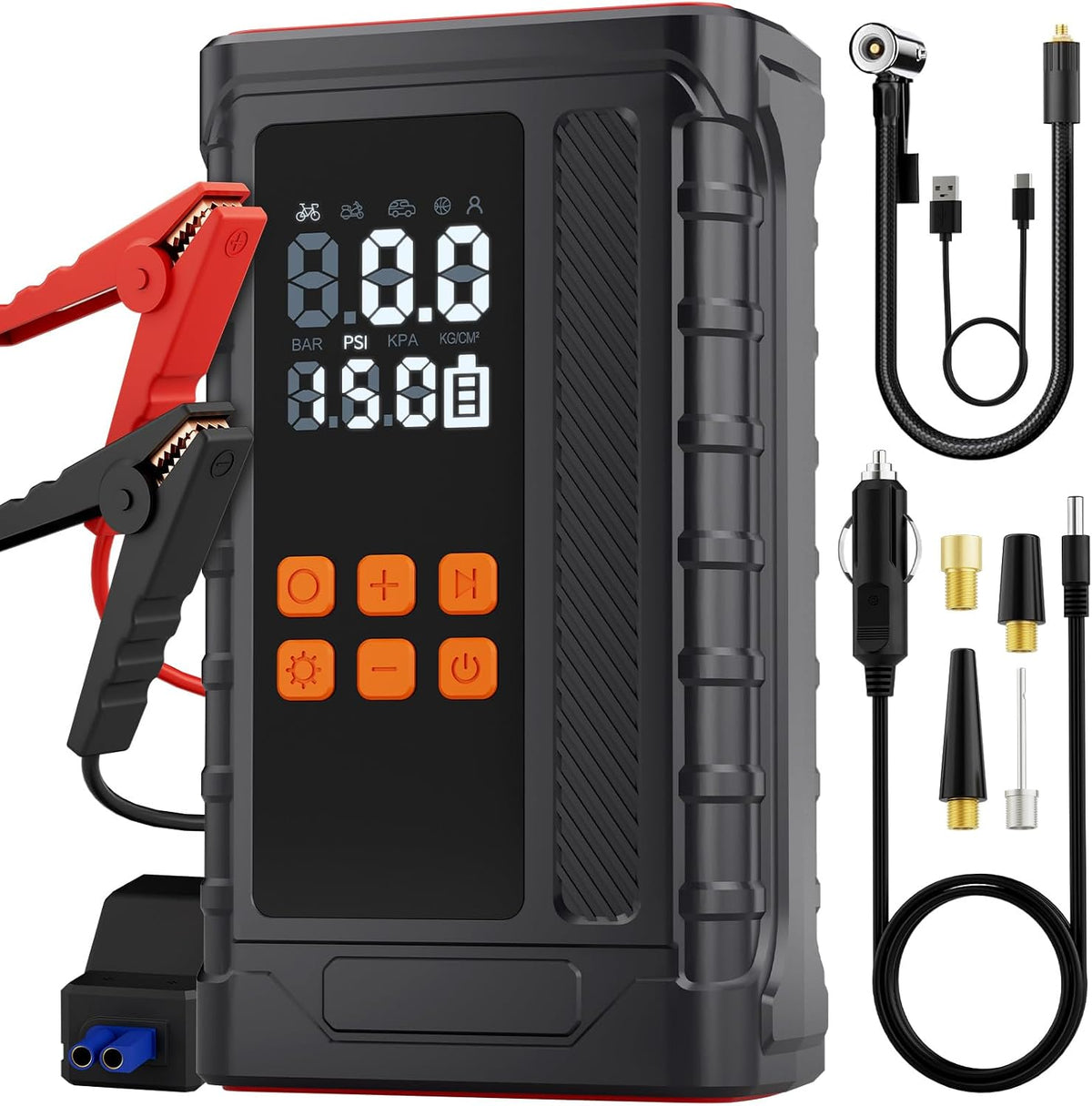 Portable Car Jump Starter with Air Compressor, 14.8V 2000 * 4mAh Battery Booster, 150PSI Tire Inflator, Power Bank & LED Flashlight for Roadside Emergencies & Travel