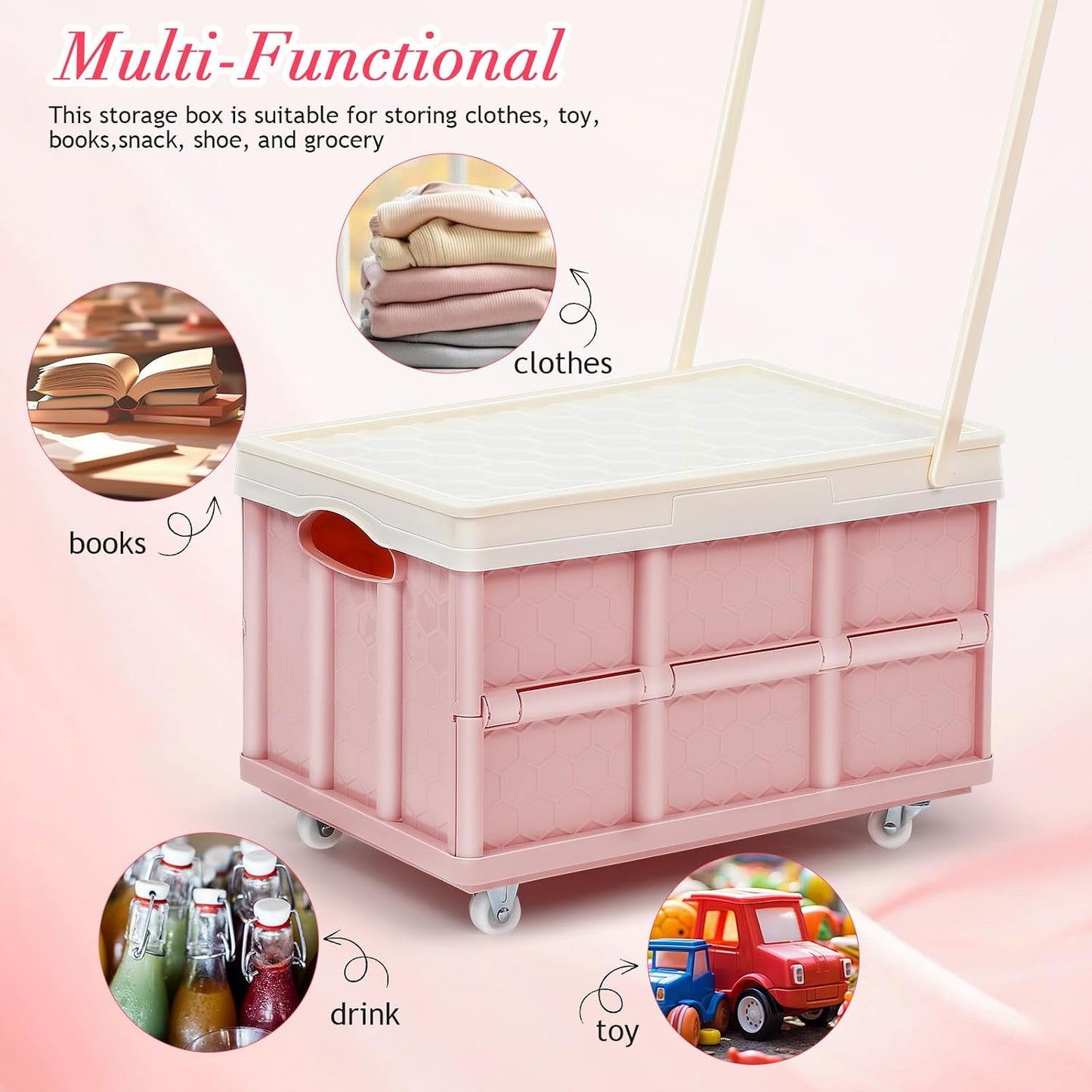 Collapsible Storage Bins with Lids And Wheels, Stackable Folding Storage Boxes for Clothes Toys Books, Home Garage Car Organizer Pink