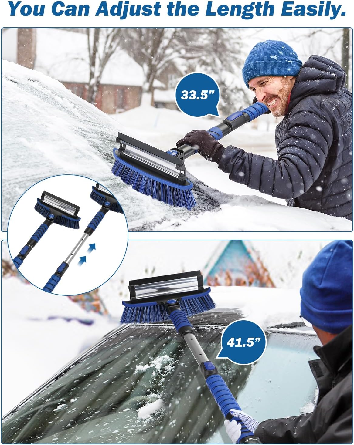 JOYTUTUS 41.5″ Extendable Snow Brush and Ice Scraper, 270°Pivoting Snow Scraper Brush for Car Windshield, Telescoping Ice Scraper, Foam Grip, Heavy Duty Snow Remover for Cars, Trucks, SUV (Blue)