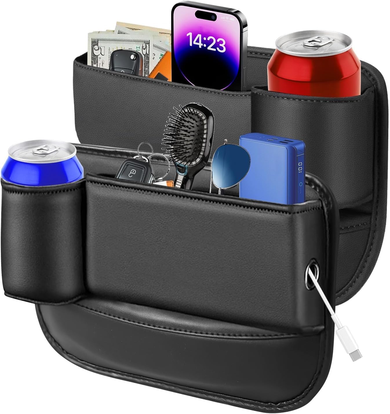 Car Seat Gap Filler Organizer,Car Seat Gap Storage with Cup Holder for Drink, Front Seat Gap Storage Box, Universal Fit PU Leather Gap Bag for Sunglasses, Cards, Keys(Left+Right Side)