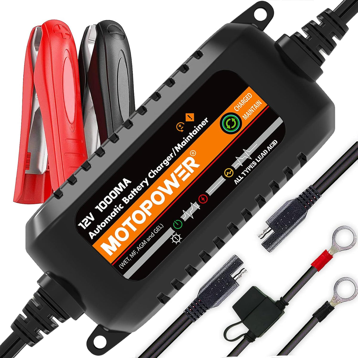 MOTOPOWER 12V 1000mA Automatic Charger - Battery Maintenance - Maintain Charger and Battery Desulfator with Timer Protection.