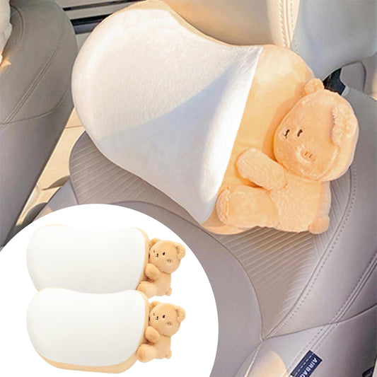 Car Headrest Pillow 2PCS Plush Bear ＆ Bunny Car Seat Headrest Pillow - Memory Foam Neck Support Cushions for Comfortable Driving, Easy Install & Washable (Brown)