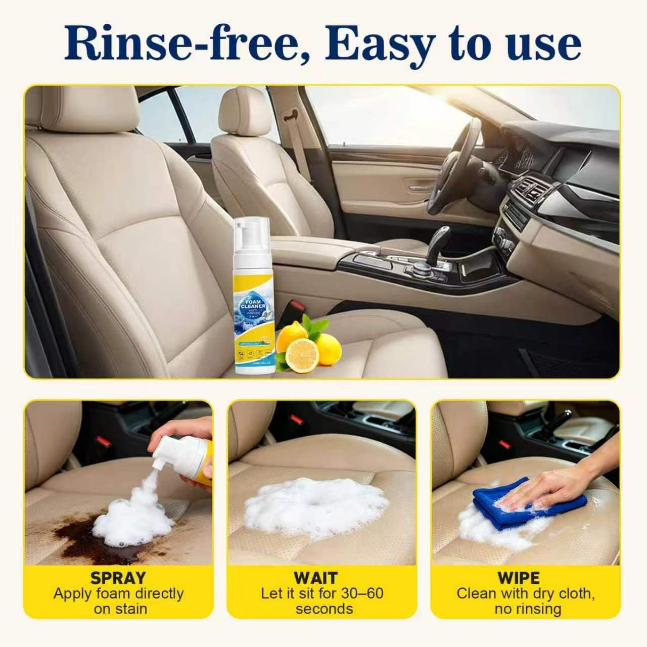 4-in-1 Multi-Enzyme Foam Cleaner, Multi Purpose Foam Cleaner, No Rinse Foam Cleaner for Car Interior, Kitchen Grease, Bathroom Tiles, Fabric Care and Multi Surfaces(2pcs)