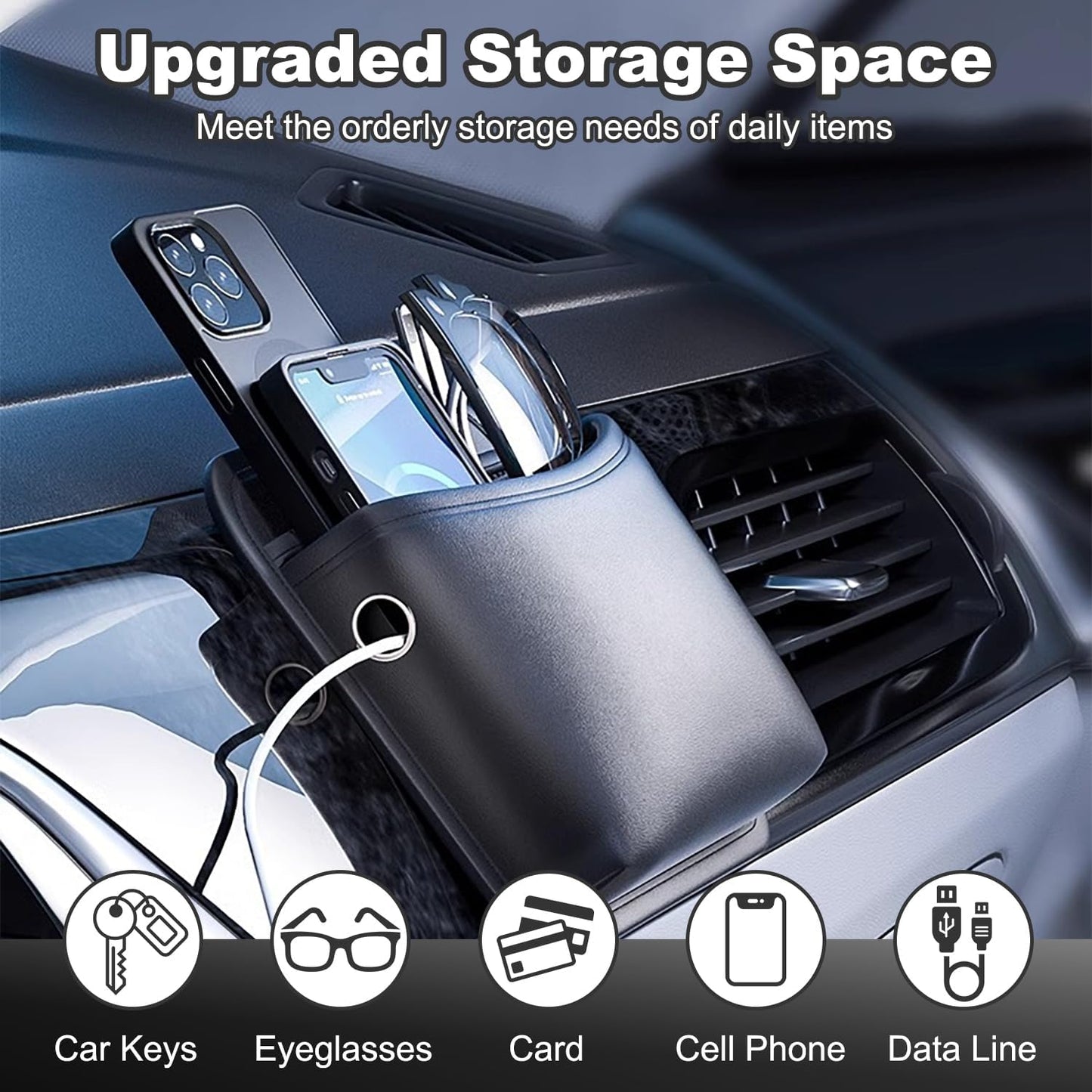 2Pcs Car Side Pocket Organizer, Universal Leather Mini Storage Bag for Cell Phone, Wallet, Key, Glasses, Multifunctional Car Organizer Accessories for Car Seat, Door, Window, Console, 7*4.3*2.2inch