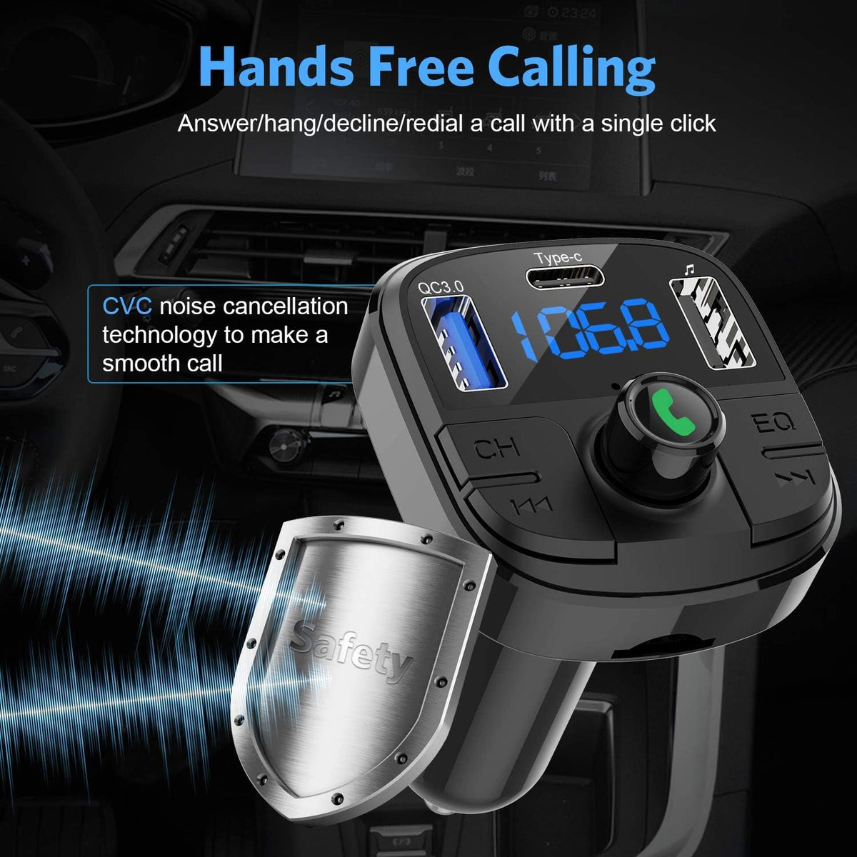 Bluetooth FM Transmitter for Car, BT 5.0 & QC3.0 Car Bluetooth Adapter with 5 EQ Mode, 3 Charging Ports Support USB Disk, TF Card Hands-Free Car Kits
