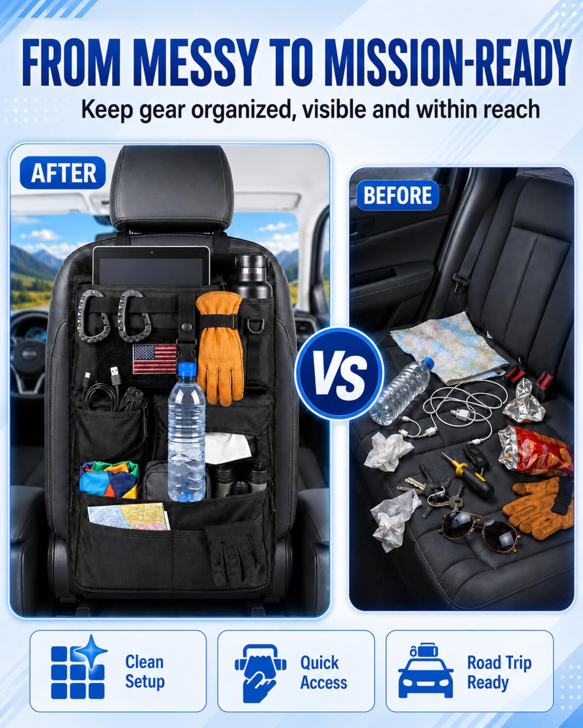 Tactical MOLLE Car Seat Back Organizer, Heavy Duty Backseat Storage Kit