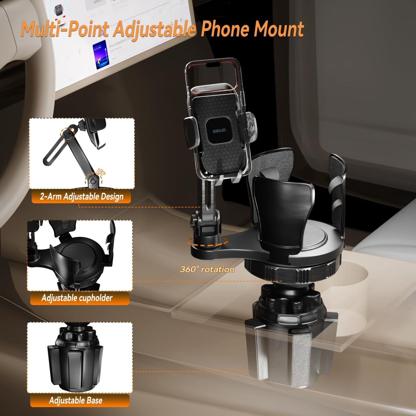 EXELIQ Cup Holder Expander with Phone Mount for Car, 2-in-1 Adjustable Cup Holder Fits Large Bottles, Tumblers & Fast Food Drinks, Universal Phone Mount 360° Rotating Arm for 4.7–7" Phones