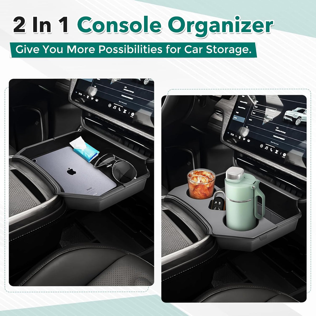 Karltys 2 in 1 Center Console Organizer Dining Tray with Cup Holder for Rivian R1S R1T Accessories 2022-2025 2026, 2 Layer Storage Box with Detachable Drink Holder & Anti-Slip Silicone Mat