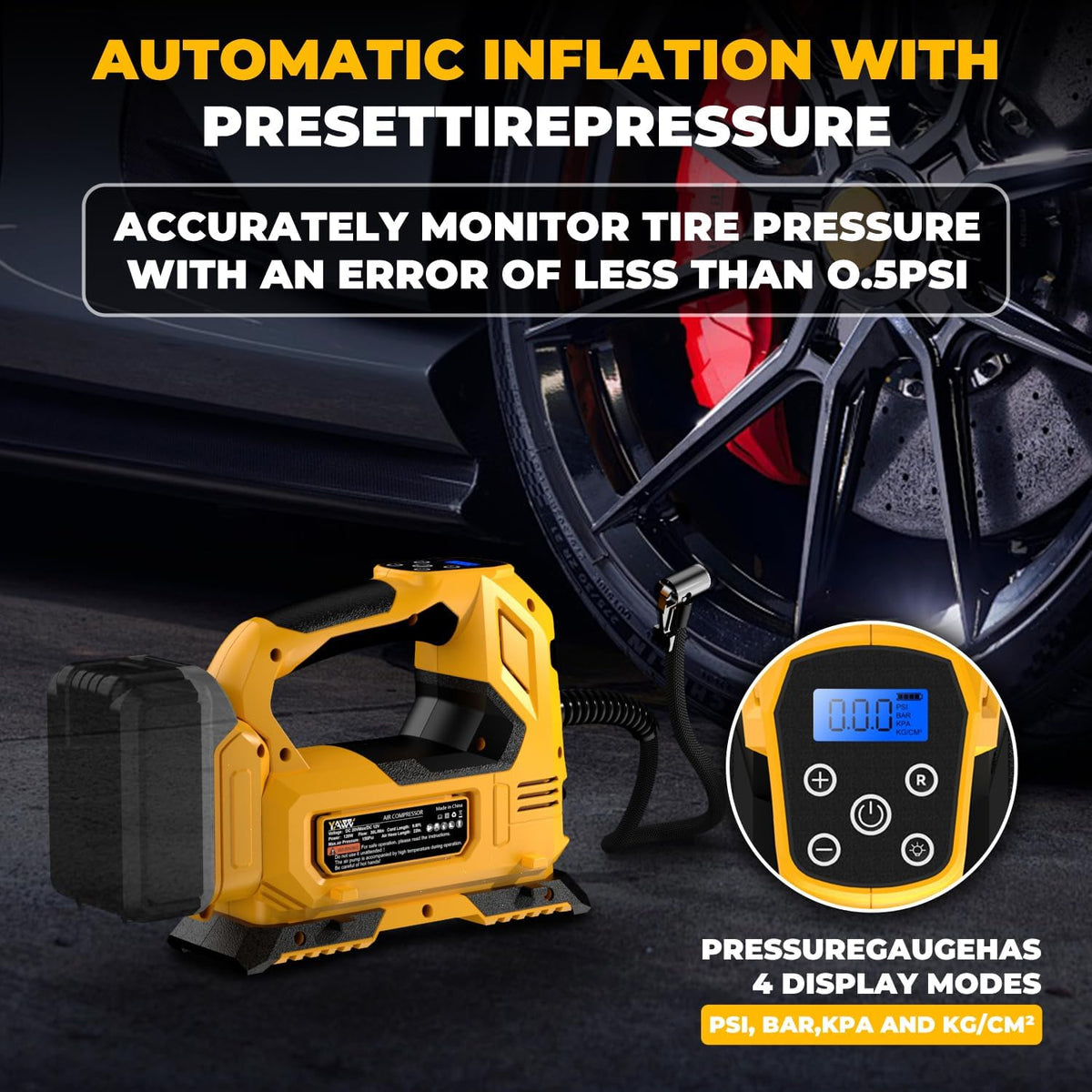 Cordless Tire Inflator Air Compressor Compatible with Dewalt 20V Battery,160PSI Portable LED Light Handheld Pump with Digital Pressure Gauge Cars Motorcycles Bikes Balls(Battery Not Included)